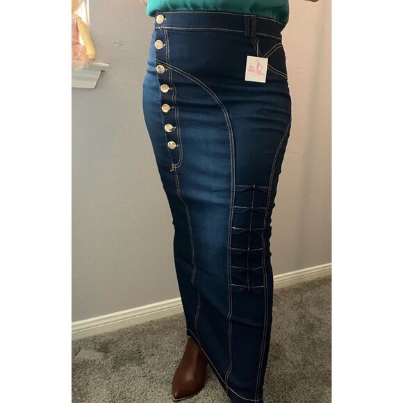 Dark Wash Blue Jean Long Skirt - Picture 1 of 16